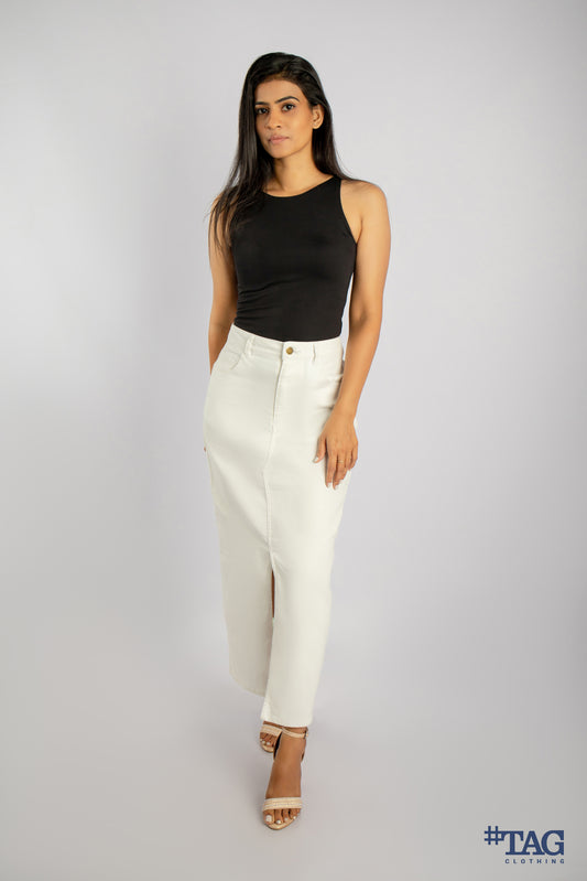 Ladies White Long Denim Skirt