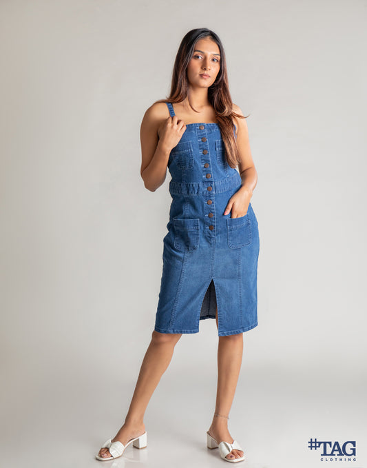 Ladies Strapy Pinafore - Mid Blue Wash