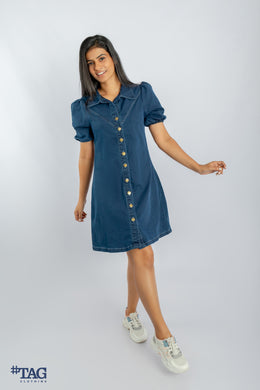 Ladies Puff Sleeve A-Line Denim Dress - Dark Blue Wash