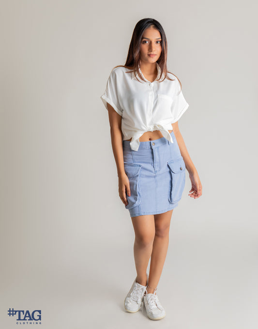 Ladies Mini Cargo Skirt - Light Blue Wash