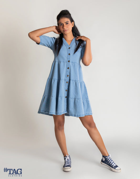 Ladies Frill Denim Dress - Light Blue Wash