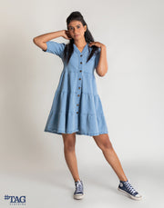 Ladies Frill Denim Dress - Light Blue Wash