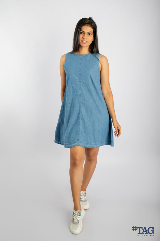 Ladies Sleeveless Chambray Dress - Light Blue Wash