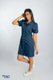 Ladies Puff Sleeve A-Line Denim Dress - Dark Blue Wash