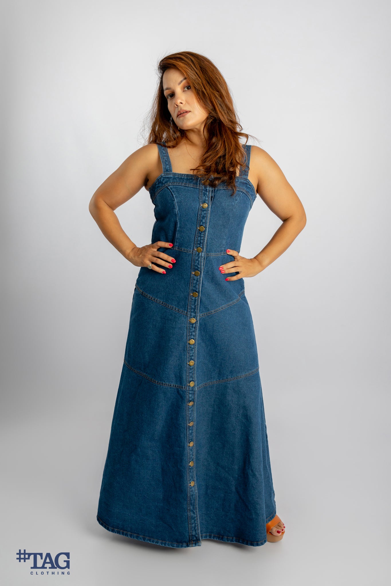 Ladies Strappy Denim Maxi Dress - Dark Blue Wash