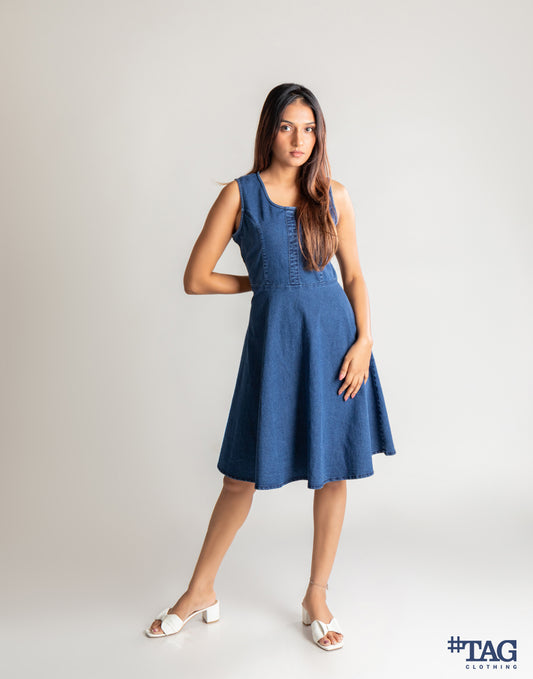 Ladies Flared Denim Dress - Dark Blue Wash