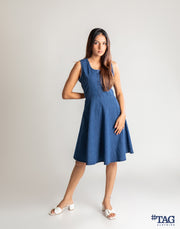 Ladies Flared Denim Dress - Dark Blue Wash