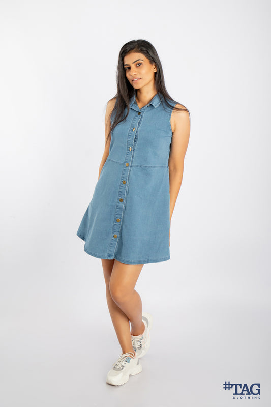 Ladies Sleeveless Back Tiered Denim Dress - Light Blue Wash