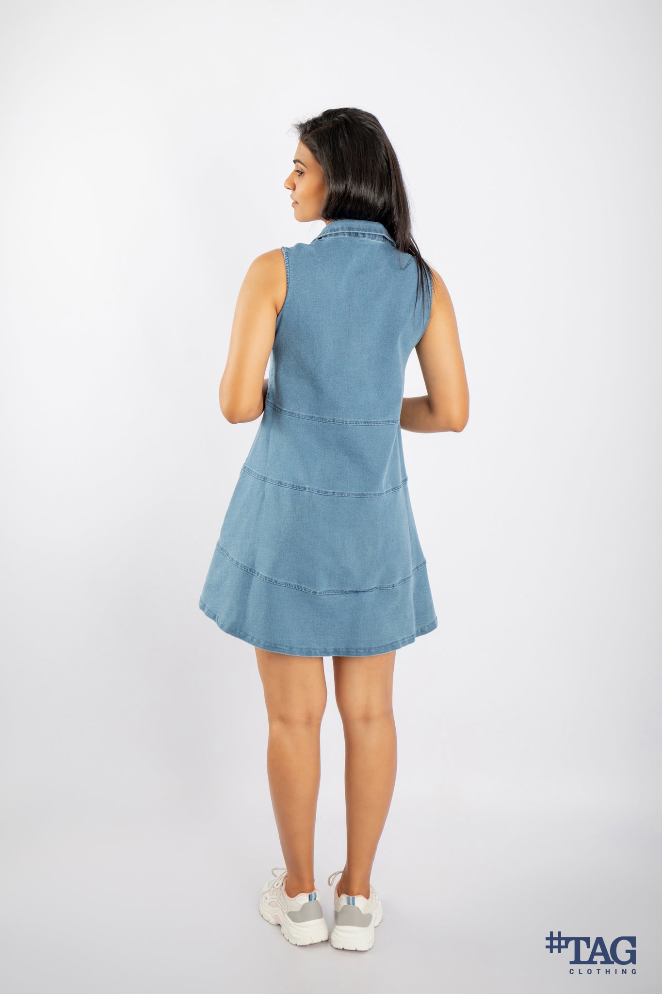 Ladies Sleeveless Back Tiered Denim Dress - Light Blue Wash