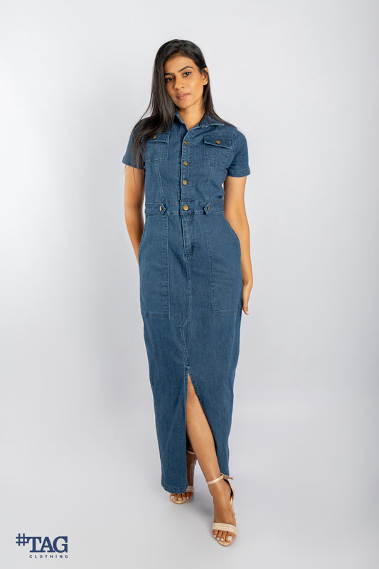 Ladies Denim Maxi Dress - Dark Blue Wash