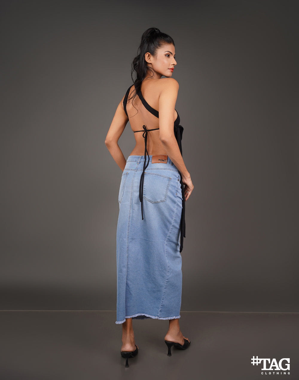 Ladies Front Slit Long Skirt - Light Blue Wash