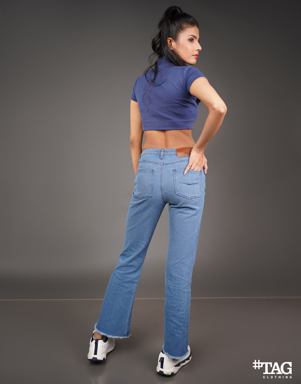 Ladies Frey Hem High Waist Bell Jeans - Light Blue Wash