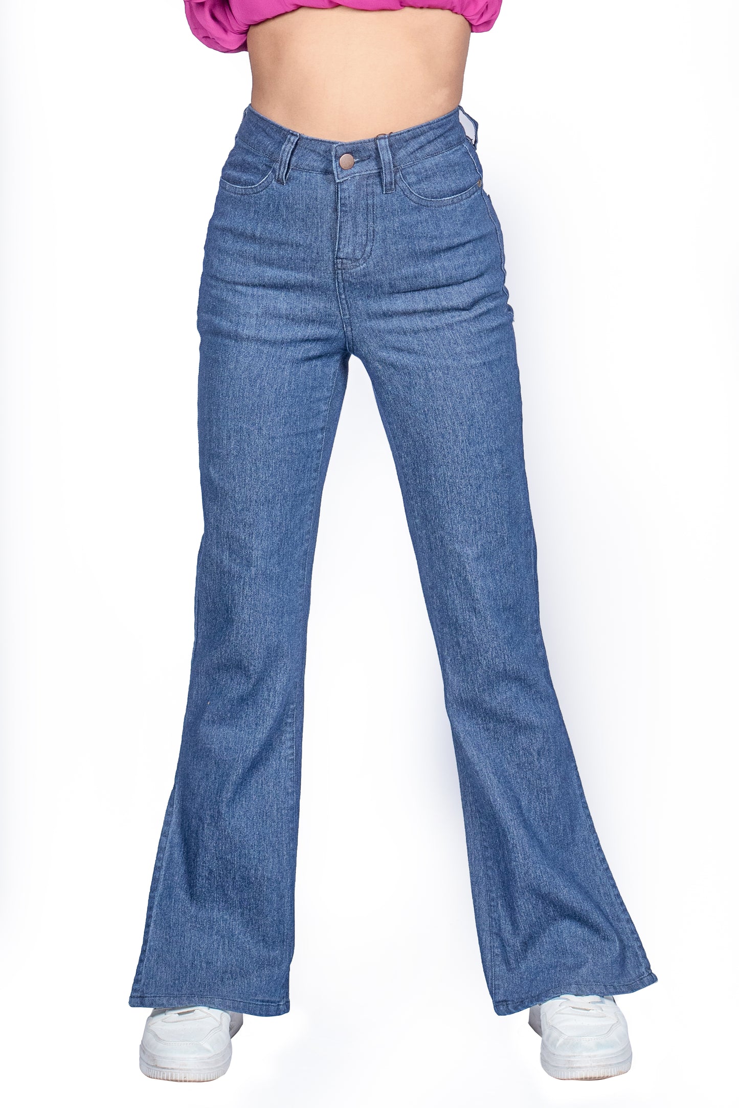 Ladies Side Slit Bell Jeans - Mid Blue Wash