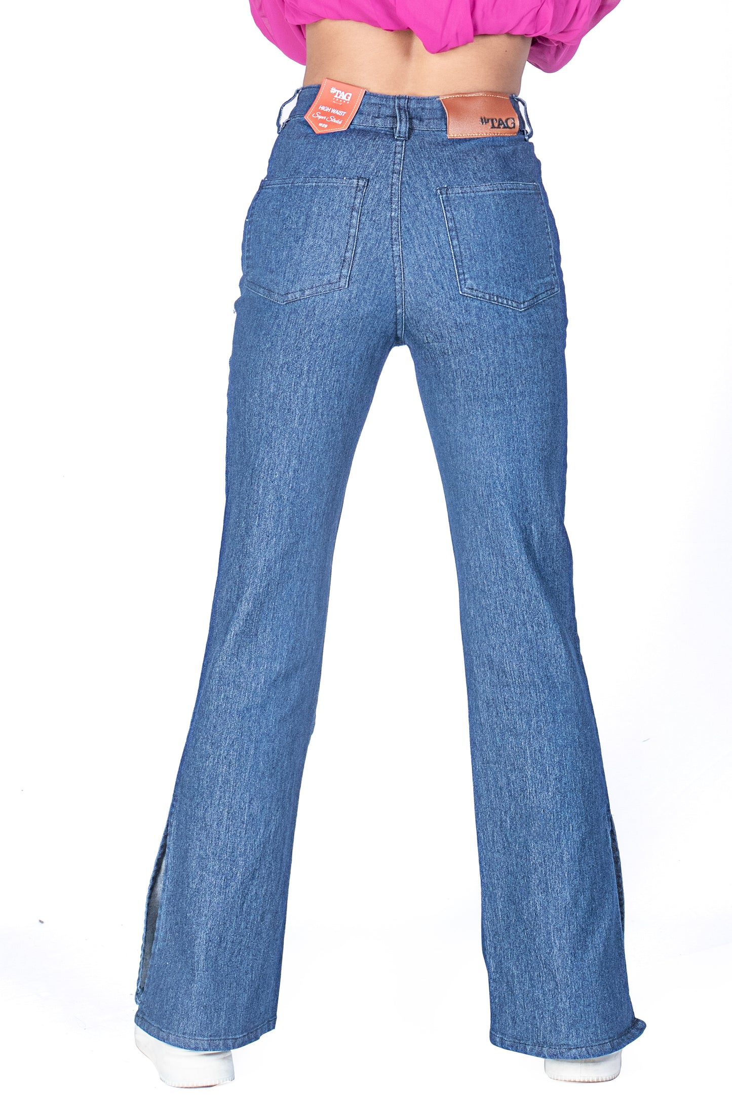 Ladies Side Slit Bell Jeans - Mid Blue Wash