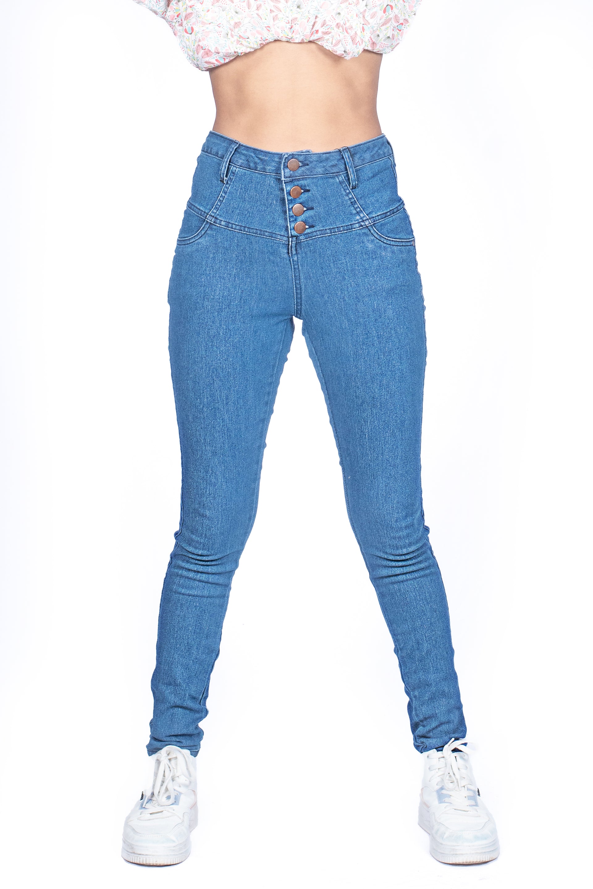 Ladies High Waist Skinny Jeans Mid Blue Wash