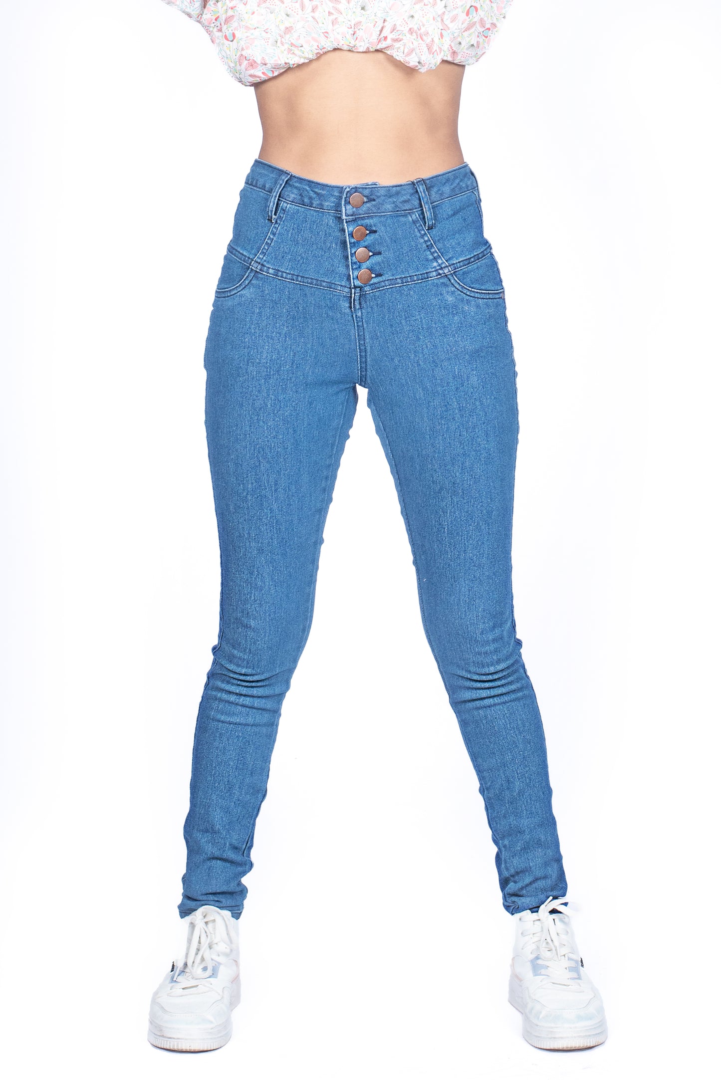 Ladies High Waist Skinny Jeans - Mid Blue Wash