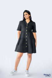 Ladies Frill Denim Dress- Black