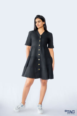 Ladies Frill Denim Dress- Black