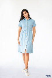 Ladies Flared Denim Dress - Light Blue