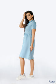 Ladies Flared Denim Dress - Light Blue